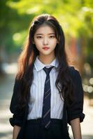 ai gegenereerd een jong Chinese hoog school- leerling meisje met golvend haar- in een school- uniform poseren voor een foto