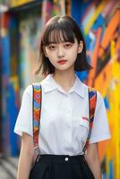 ai gegenereerd een jong vrouw in een school- uniform staand in voorkant van een graffiti muur foto