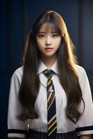 ai gegenereerd een mooi jong Koreaans hoog school- leerling meisje in een school- uniform foto