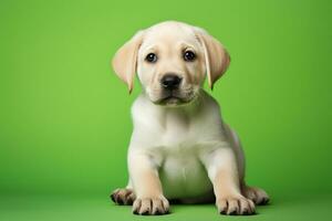 ai gegenereerd een beige labrador puppy zittend Aan een groen achtergrond foto