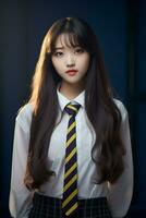 ai gegenereerd een mooi jong Koreaans hoog school- leerling meisje in een school- uniform foto