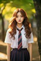 ai gegenereerd portret van een mooi jong Koreaans hoog school- leerling meisje met golvend haar- in een school- uniform buitenshuis foto