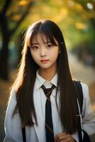 ai gegenereerd portret van mooi jong Japans hoog school- leerling meisje in een school- uniform buitenshuis foto