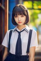 ai gegenereerd een mooi jong Koreaans hoog school- leerling meisje met kort haar- in een school- uniform buitenshuis foto