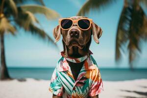 ai gegenereerd een hond vervelend zonnebril en een bloemen overhemd Aan de strand foto
