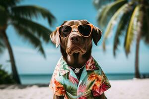 ai gegenereerd een hond vervelend zonnebril en een bloemen overhemd Aan de strand foto