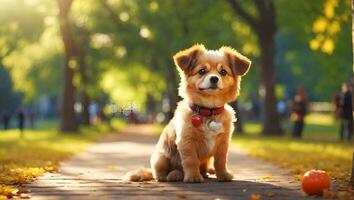 ai gegenereerd een klein hond zittend Aan een pad in een park foto