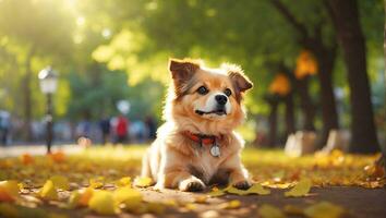 ai gegenereerd een klein hond zittend Aan een pad in een park foto