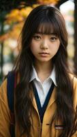 ai gegenereerd een jong Japans school- meisje met lang haar- vervelend school- uniform en jasje foto