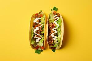 twee taco's met vlees en sla Aan een geel achtergrond foto