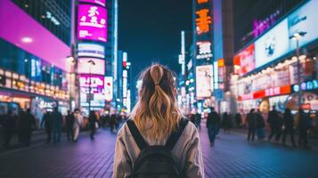 ai gegenereerd generatief ai, mooi meisje Aan nacht van de neon straat van Japan, cyberpunk stijl foto