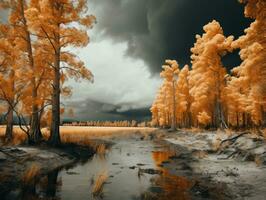 een infrarood beeld van een rivier- en bomen generatief ai foto
