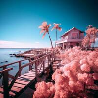 een infrarood beeld van een huis Aan de strand met palm bomen generatief ai foto