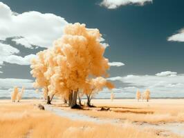 een infrarood beeld van bomen in een Open veld- generatief ai foto