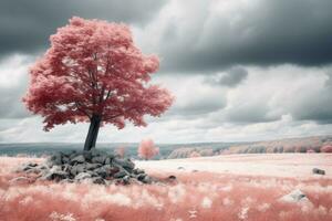 een infrarood beeld van een rood boom in de midden- van een veld- generatief ai foto