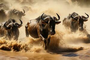 ai gegenereerd blauw wildebeest connochaetes taurinus kruispunt een modderig rivier, wildebeesten zijn kruispunt mara rivier. Super goed migratie. Kenia. Tanzania. maasai mara nationaal park, ai gegenereerd foto