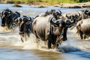 ai gegenereerd wildebeest kruispunt de chobe rivier- in Botswana, Afrika, wildebeesten zijn kruispunt mara rivier. Super goed migratie. Kenia. Tanzania. maasai mara nationaal park, ai gegenereerd foto