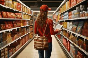 ai gegenereerd achterzijde visie van een jong vrouw in een rood pet staand in een supermarkt en lezing een boek, vrouw met boodschappen doen tussen op te slaan plank, ai gegenereerd foto