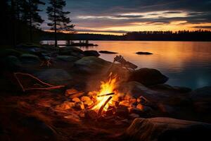 ai gegenereerd vreugdevuur Aan de kust van een meer Bij zonsondergang in Finland, wild kampvuur in een nationaal park in Zweden, ai gegenereerd foto