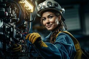 ai gegenereerd portret van jong vrouw ingenieur in helm en stofbril werken in macht plant, vrouw professioneel ingenieur, elektrisch specialist, ai gegenereerd foto