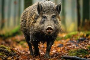 ai gegenereerd wild zwijn sus scrofa in de Woud, wild zwijn, sus scrofa, Tsjechisch republiek, ai gegenereerd foto