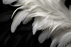ai gegenereerd veren van een vogel Aan een zwart achtergrond dichtbij omhoog, wit en zwart veren , ai gegenereerd foto