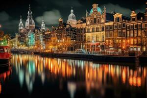 ai gegenereerd Amsterdam kanaal Bij nacht, Holland, nederland. stadsgezicht, Amsterdam stad verlichte gebouw en kanaal Bij nacht, nederland, ai gegenereerd foto