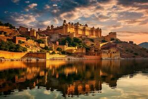 ai gegenereerd amber fort in jaipur, rajasthan, Indië, amber fort en maota meer, jaipur, rajasthan, Indië, ai gegenereerd foto