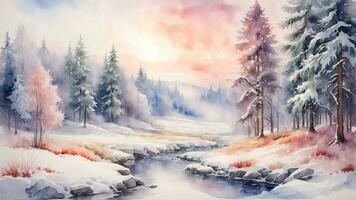 ai gegenereerd winter landschap met met sneeuw bedekt rivier- en pijnboom bomen. waterverf schilderen. foto