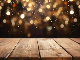 ai gegenereerd ai gegenereerd abstract wazig sprankelend achtergrond met leeg hout tafel voor Kerstmis vakantie stellage. foto