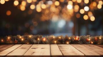 ai gegenereerd ai gegenereerd abstract wazig sprankelend achtergrond met leeg hout tafel voor Kerstmis vakantie stellage. foto