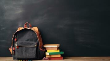 ai gegenereerd schoolbord achtergrond met school- rugzak en boeken, kopiëren ruimte foto