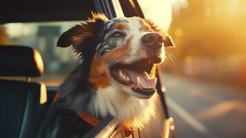 ai gegenereerd gelukkig hond hebben pret met hoofd uit van de auto venster foto