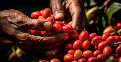 ai gegenereerd koffie oogsten Aan een braziliaans plantage - ai gegenereerd beeld foto