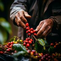 ai gegenereerd koffie oogsten Aan een braziliaans plantage - ai gegenereerd beeld foto