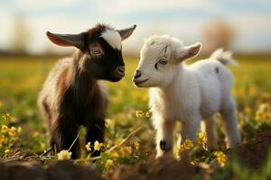 ai gegenereerd schattig weinig baby geit in de veld- ai gegenereerd foto