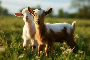 ai gegenereerd schattig weinig baby geit in de veld- ai gegenereerd foto