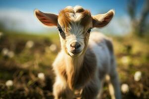 ai gegenereerd schattig weinig baby geit in de veld- ai gegenereerd foto