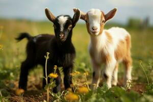 ai gegenereerd schattig weinig baby geit in de veld- ai gegenereerd foto