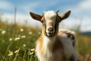 ai gegenereerd schattig weinig baby geit in de veld- ai gegenereerd foto