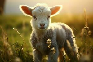 ai gegenereerd schattig weinig baby geit in de veld- ai gegenereerd foto