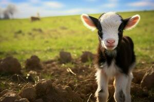 ai gegenereerd schattig weinig baby geit in de veld- ai gegenereerd foto