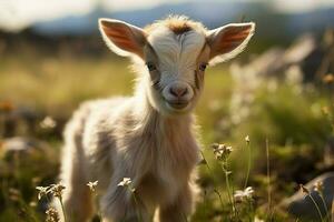 ai gegenereerd schattig weinig baby geit in de veld- ai gegenereerd foto