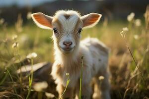 ai gegenereerd schattig weinig baby geit in de veld- ai gegenereerd foto