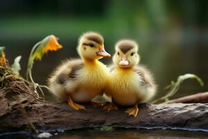 ai gegenereerd schattig pluizig klein weinig geel eenden ai gegenereerd foto