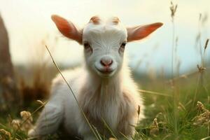 ai gegenereerd schattig weinig baby geit in de veld- ai gegenereerd foto