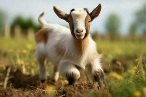 ai gegenereerd schattig weinig baby geit in de veld- ai gegenereerd foto