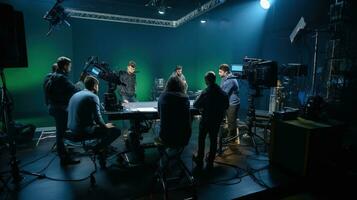 ai gegenereerd productie team het schieten sommige video film voor TV reclame met studio uitrusting reeks foto