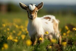 ai gegenereerd schattig weinig baby geit in de veld- ai gegenereerd foto