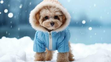 ai gegenereerd schattig harig hond in kleren wandelen buiten in besneeuwd winter weer foto